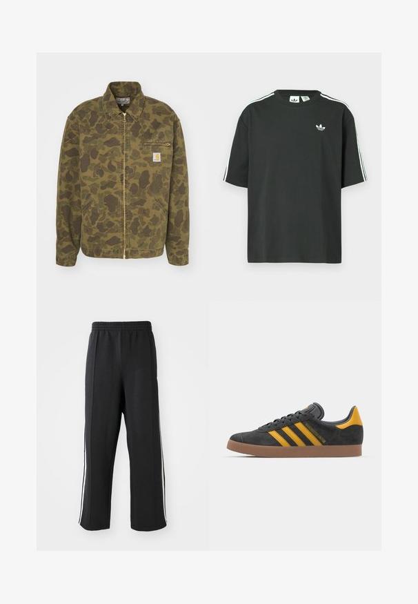 Carhartt WIP DETROIT JACKET - Denim jacket - green/office green garment dyed; Black cotton t-shirt with short sleeves, crew neckline, and white three-stripe detailing on shoulders. Features a small white logo on chest.; Black sweatpants with an elastic waistband, featuring white side stripes and a relaxed fit. Made from soft, stretchy fabric.; Black suede sneaker with yellow accents, featuring three stripes and a brown rubber sole. Includes a padded tongue for comfort.