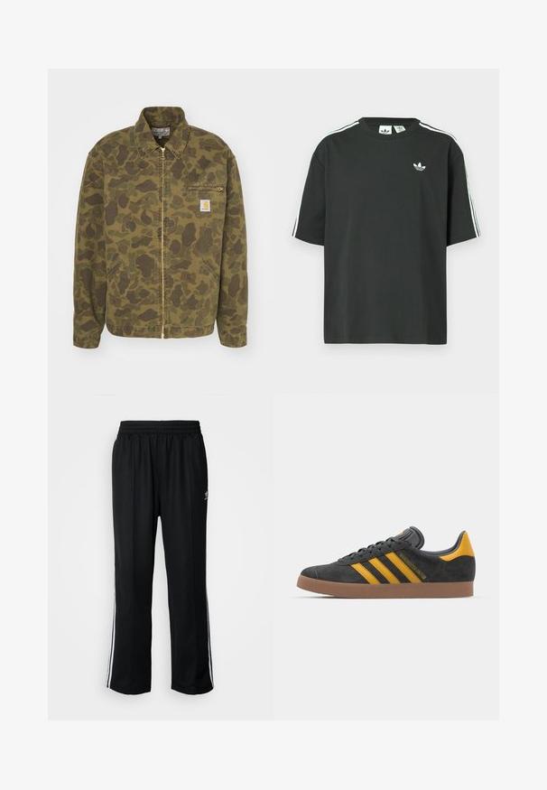 Carhartt WIP DETROIT JACKET - Denim jacket - green/office green garment dyed; Black cotton t-shirt with short sleeves, crew neckline, and white three-stripe detailing on shoulders. Features a small white logo on chest.; Black athletic pants with an elastic waistband, featuring white side stripes and a small logo. Material appears soft and lightweight.; Black suede sneaker with yellow accents, featuring three stripes and a brown rubber sole. Includes a padded tongue for comfort.