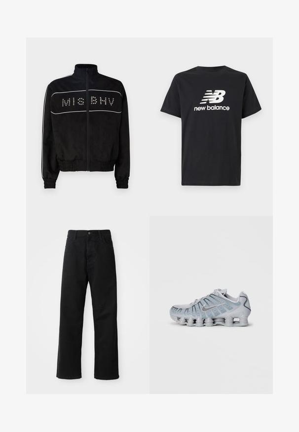 MISBHV STAR - Könnyű dzseki - black; Fekete pamut póló, fehér New Balance logóval és grafikai dizájnnal az elején. Rövid ujjú és kerek nyakú.; Fekete farmernadrág egyenes szabással, elülső zsebekkel, cipzáras flyal és egy felső gombbal. Strukturált anyag matt felülettel.; Világosszürke Nike sportcipők texturált felsőrésszel, hálós részletekkel és egyedi párnázott talppal, amely több lekerekített póduszból áll.