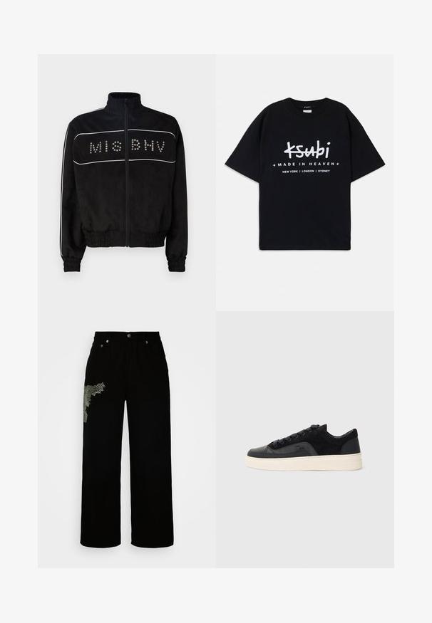MISBHV STAR - Könnyű dzseki - black; Fekete pamut póló, laza szabással. Fehér grafikával ellátott szöveg található rajta: "ksubi" és "MADE IN HEAVEN", alatta városnevekkel. Klasszikus kerek nyakkivágással készült.; Fekete, széles szárú farmernadrág, amelyen textúrázott minta található a bal lábszáron és ezüst színű fémrészek.; Fekete sportcipő sima bőrből és struktúrált velúrból készült, lapos fűzőkkel, kerek orral és krémszínű gumitalppal.