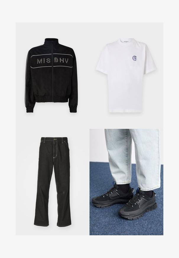 MISBHV STAR - Light jacket - black; White cotton t-shirt with short sleeves, round neckline, and a small, embroidered blue "C" logo on the left chest area.; Black denim jeans with a loose fit, featuring contrasting white stitching, a button closure, and a straight leg design.; Black athletic shoes with textured fabric and rubber soles, featuring elastic laces and a blue accent on the heel. Worn with light denim pants.