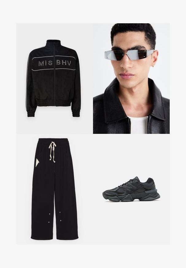 MISBHV - Kurtka przejściowa; Czarny T-shirt z krótkim rękawem wykonany z bawełny, z okrągłym dekoltem i luźnym krojem. Gładka faktura z minimalnymi detalami przeszycia.; Czarne spodnie w szerokim kroju wykonane z miękkiej tkaniny, z elastycznym pasem na sznurek, bocznymi kieszeniami oraz trójkątną kieszonką akcentującą. Zawierają elementy ze srebrnego metalowego wykończenia.; Czarne buty biegowe z mieszanką siateczki i materiałów syntetycznych, masywną podeszwą, opływowym kształtem oraz wyraźnym brandingiem z boku.; Kątowe, szare okulary przeciwsłoneczne z metalowymi elementami w kolorze srebrnym, na jasnym tle. Soczewki mają unikalny, geometryczny kształt.