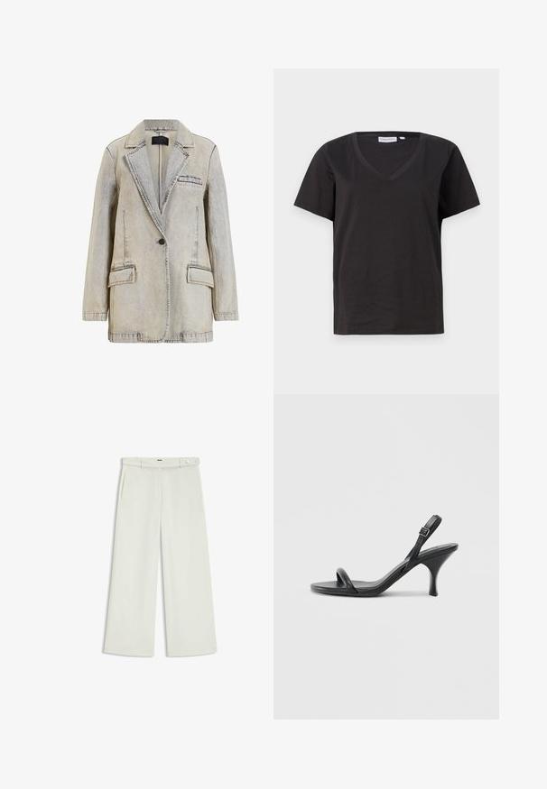 Vaaleanharmaa haponpesudenimi takki, jossa on lovet kynäkaulus, yksittäinen musta nappi ja kolme etutaskua, joista yksi on rintatasku.; Musta puuvillainen T-paita, jossa on V-kaula-aukko ja lyhyet hihat. Yksinkertainen muotoilu, säännöllinen istuvuus ilman kuvioita tai koristeita.; Housut leveillä lahkeilla vaalean kermaisessa kankaassa, jossa on sivutaskut, litteä etuosa ja yksi nappikiinnitys vyötäröllä. Silkkinen pinta.; Mustat nahkaiset korkokengät, joissa on hoikka, kaareva korko ja ristiin menevä hihnadesign. Säädettävä nilkkahihna. Silkkinen pinta.