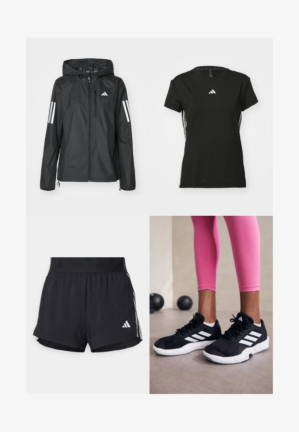 Sort letvægtsjakke med hætte, udstyret med en fuld lynlås og to hvide striber på hver ærme. Glat tekstur, designet til udendørs brug.; Sort athletic t-shirt med korte ærmer, lavet af syntetisk materiale. Har et lille hvidt logo på brystet og hvide striber på siderne.; Sorte sport shorts med elastisk talje, der har et tekstureret bånd, sidestreger og et hvidt Adidas-logo på den nederste kant.; Sorte sportssko med hvide striber, tekstureret mesh-overdel og en hvid sål. Bæres med pink leggings, der fremhæver træningstøj.