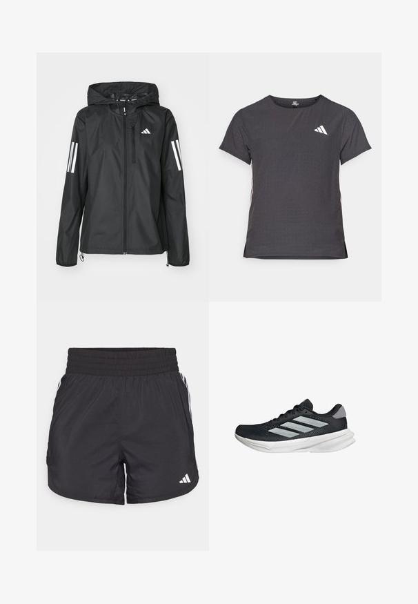 Giacca leggera nera con cappuccio, dotata di una cerniera a tutta lunghezza e due strisce bianche su ciascun manica. Tessuto liscio, progettata per l'uso all'aperto.; T-shirt atletico a maniche corte, grigio scuro con texture perforata. Presenta un logo bianco e strisce laterali a contrasto. Girocollo.; Pantaloni sportivi neri con elastico in vita, tasche laterali e strisce bianche ai lati. Realizzati in materiale leggero.; Scarpa da corsa nera con tomaia in mesh, tre strisce argentate, intersuola bianca e suola testurizzata. Presenta un colletto imbottito e chiusura con lacci.