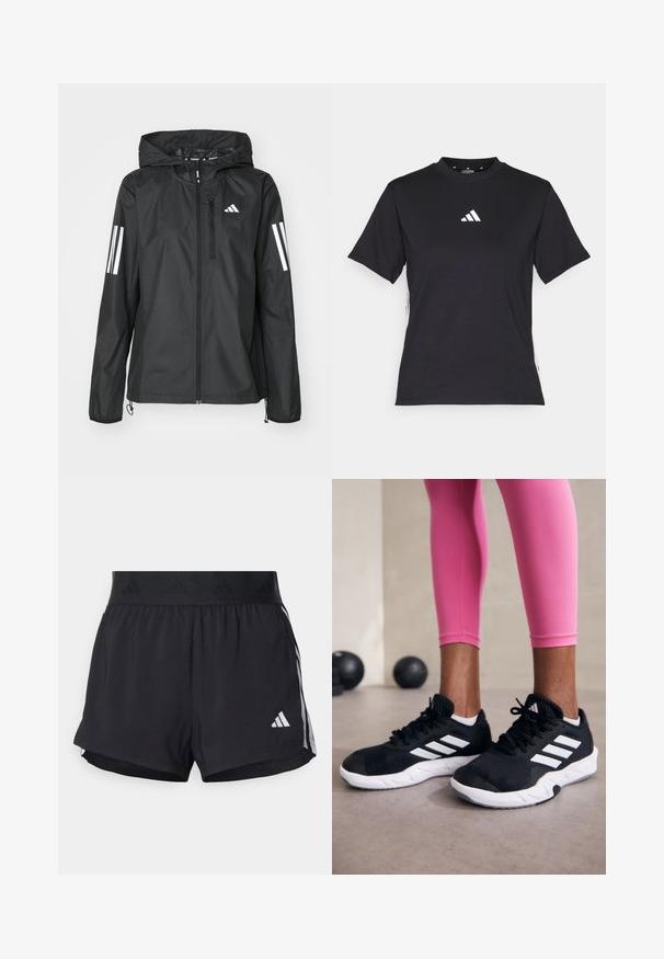 Schwarze leichte Jacke mit Kapuze, ausgestattet mit einem durchgehenden Reißverschluss und zwei weißen Streifen an jedem Ärmel. Glatte Textur, entwickelt für den Außenbereich.; Schwarzes T-Shirt mit kurzen Ärmeln aus weichem Stoff. Mit einem weißen Adidas-Logo und kontrastierenden weißen Streifen an den Seiten.; Schwarze Sportshorts mit einem elastischen Bund, ausgestattet mit einem strukturierten Band, seitlichen Streifen und einem weißen Adidas-Logo am unteren Saum.; Schwarze Sportschuhe mit weißen Streifen, strukturiertem Mesh-Obermaterial und einer weißen Sohle. Kombiniert mit pinken Leggings, die Trainingsbekleidung zur Schau stellen.