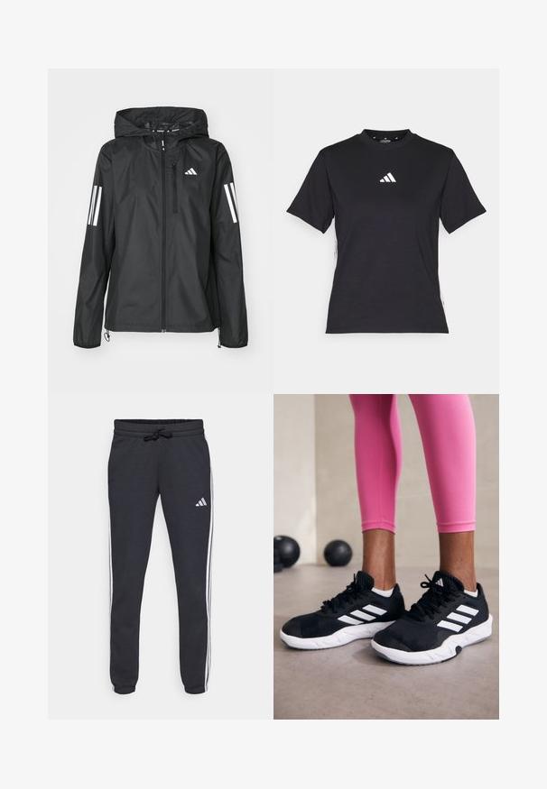 Fekete, könnyű kapucnis dzseki, teljes cipzárral és mindkét ujjon két fehér csíkkal. Simára tervezett textúra, kültéri használatra.; Fekete, rövid ujjú póló puha anyagból. Fehér Adidas logóval és kontrasztos fehér csíkokkal az oldalin.; Tengerészkék tréningnadrág puha anyagból, which fehér oldalcsíkokkal, állítható derékpánttal és egy húzózsinórral, valamint egy kis logóval a bal combon.; Fekete sportcipők fehér csíkokkal, texturált hálós felsőrésszel és fehér talppal. Rózsaszín leggings-szel viselve, bemutatva az edzőruhákat.