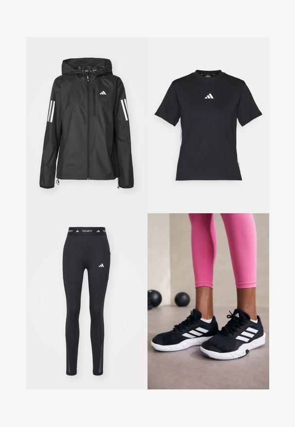 Schwarze leichte Jacke mit Kapuze, ausgestattet mit einem durchgehenden Reißverschluss und zwei weißen Streifen an jedem Ärmel. Glatte Textur, entwickelt für den Außenbereich.; Schwarzes T-Shirt mit kurzen Ärmeln aus weichem Stoff. Mit einem weißen Adidas-Logo und kontrastierenden weißen Streifen an den Seiten.; Schwarze Sportleggings mit einer enganliegenden Passform, aus dehnbarem Material, mit einem Logo an der Hüfte und Mesh-Akzenten an den Knöcheln.; Schwarze Sportschuhe mit weißen Streifen, strukturiertem Mesh-Obermaterial und einer weißen Sohle. Kombiniert mit pinken Leggings, die Trainingsbekleidung zur Schau stellen.