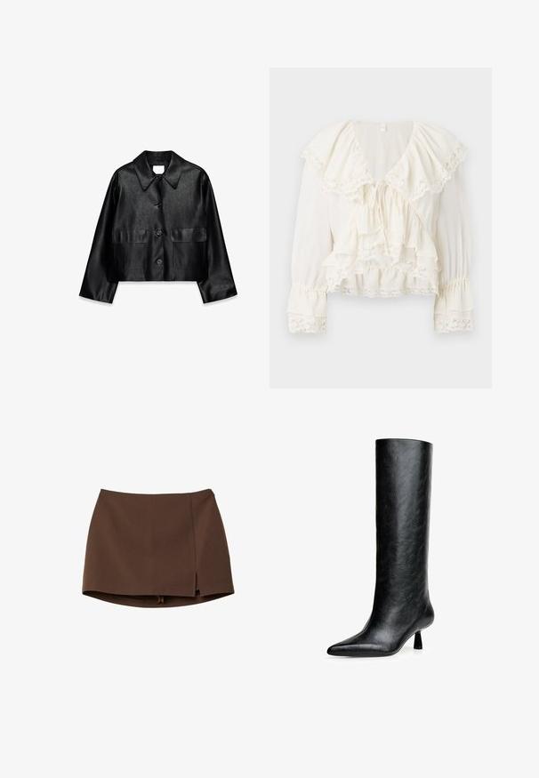 Sort fusk læder cropped jakke med bred spids krave, lange ærmer, frontknapper og to klaplommer.; Hvid bluse med et lagdelt, volangdesign, blondebånd på ærmerne og kanten, samt en V-hals med snorelukning.; Brun mininederdel lavet af glat stof, med en frontslids, rene linjer og en struktureret pasform. Ingen lommer eller markante hardware detaljer.; Sort knæhøje støvler lavet af struktureret læder. Har en spids tå og en lille, udvidet hæl. Slankt, glat design med minimale accenter.
