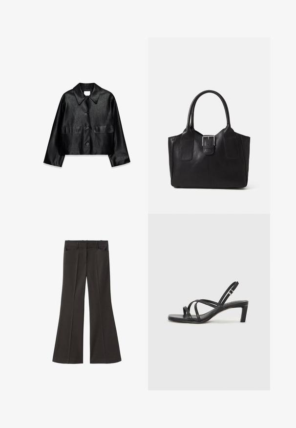Veste cropped en simili cuir noir avec un large col pointu, des manches longues, des boutons sur le devant et deux poches à rabat.; Haut en tricot noir à côtes avec une silhouette asymétrique unique et une seule bretelle. Texture lisse, sans matériel visible ni motif.; Pantalons évasés noirs à taille haute ; dotés de deux poches avant et d'une texture de tissu lisse. Adaptés à diverses occasions.; Sandale noire à lanières avec un bout carré et un petit talon bloc. Elle présente plusieurs fines lanières et une sangle de cheville ajustable. Fabriquée en cuir lisse.; Sac fourre-tout en cuir noir avec une texture lisse, une forme structurée, deux poignées et un détail en boucle argentée proéminent à l'avant.