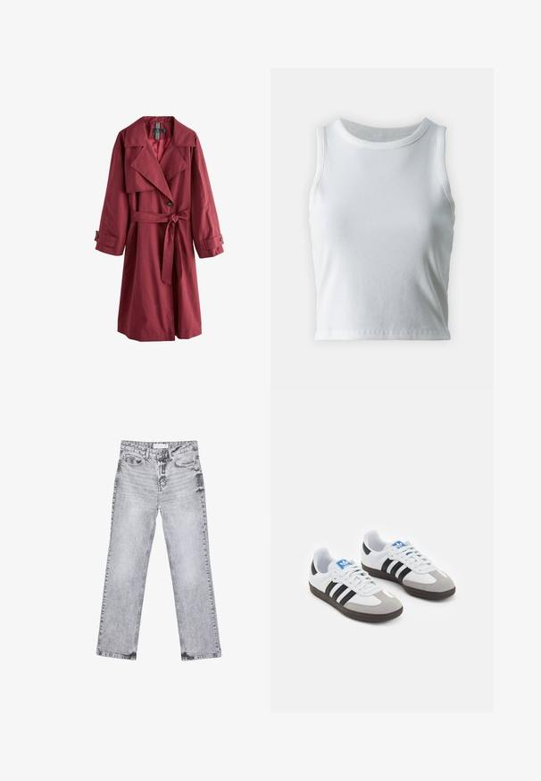 Pitkä viininpunainen trenssi, jossa on leveät kaulukset, vyön ympäröimä vyötärö, nappikankaat ja yksittäinen napitus, esillä valkoista taustaa vasten.; Valkoinen poimutettu hihaton toppi, jossa on pyöreä kaula-aukko, suora helma ja sileä, joustava materiaali.; Harmaat farkut suoran lahkeen leikkauksella, kulutettu yksityiskohtia, viisi taskua ja kuparinappi. Vyötärönauha sisältää logotagin.; Urheilukengät, joissa on valkoinen nahkainen päällinen, harmaa mokkanokka ja kolme mustaa raitaa. Ominaisuuksina sininen logo kielekkeessä ja kuvioitu kumipohja.