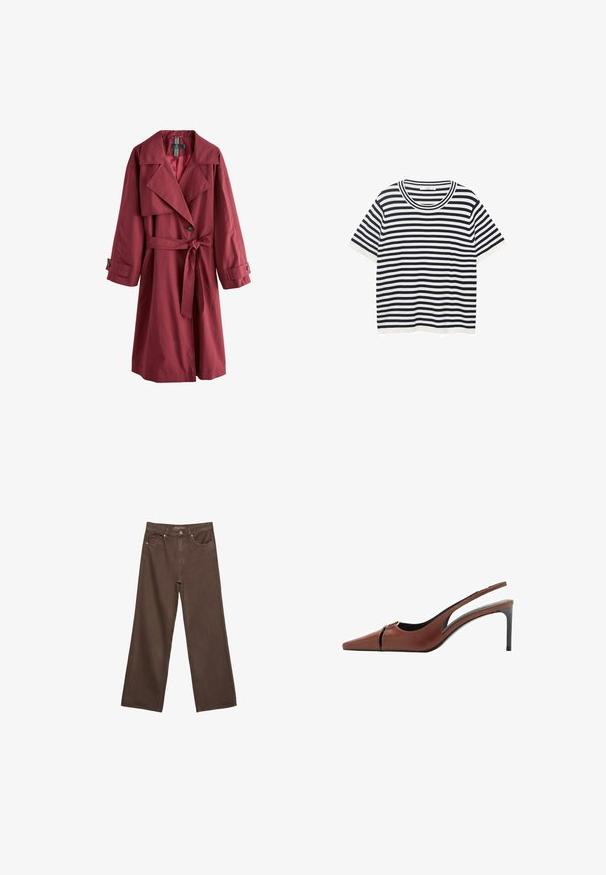 Langer burgunderfarbener Trenchcoat mit breiten Revers, tailliertem Gürtel, knöpfbaren Manschetten und einer einzelnen Knopfclosure, auf weißem Hintergrund präsentiert.; Gestreiftes T-Shirt aus Baumwolle mit marineblauen und weißen horizontalen Streifen, verfügt über einen runden Ausschnitt und kurze Ärmel. Glatte Textur.; Weite braune Jeans aus Denim, mit hoher Taille, Fronttaschen und klassischem Knopfverschluss. Glatte Textur mit feinen Nähten.; Braune Leder Slingback-Pumps mit spitzer Zehe, Ausschnittdetail am Vorderblatt und elegantem Stiletto-Absatz. Glatte Textur.