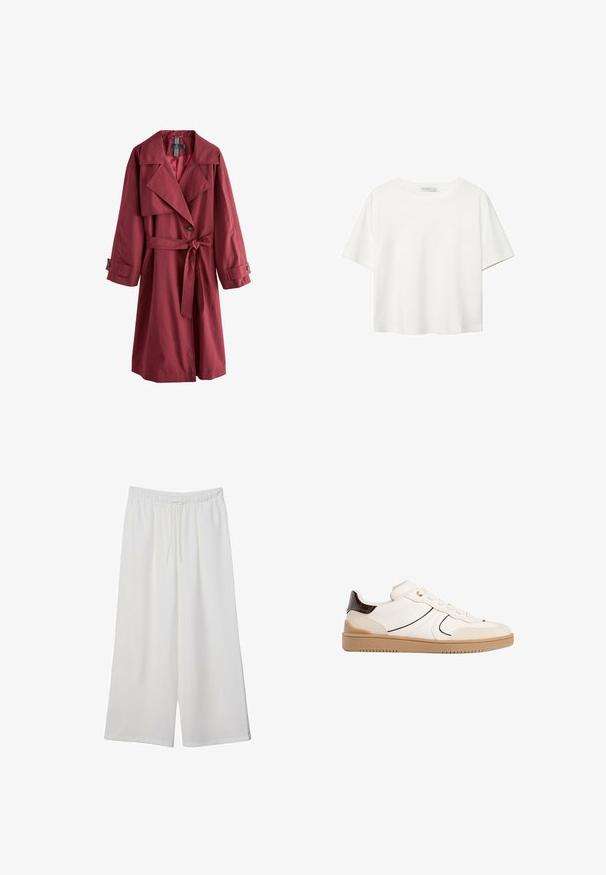 Long burgundy trench coat with wide lapels, belted waist, buttoned cuffs, and single button closure, displayed on white background.; White short-sleeve t-shirt made of cotton. Features a crew neckline and a relaxed fit. Smooth texture with no visible patterns or accents.; White wide-leg trousers made of lightweight fabric, featuring an elastic waistband and a drawstring for adjustable fit. Smooth texture.; Stradivarius Trainers - white