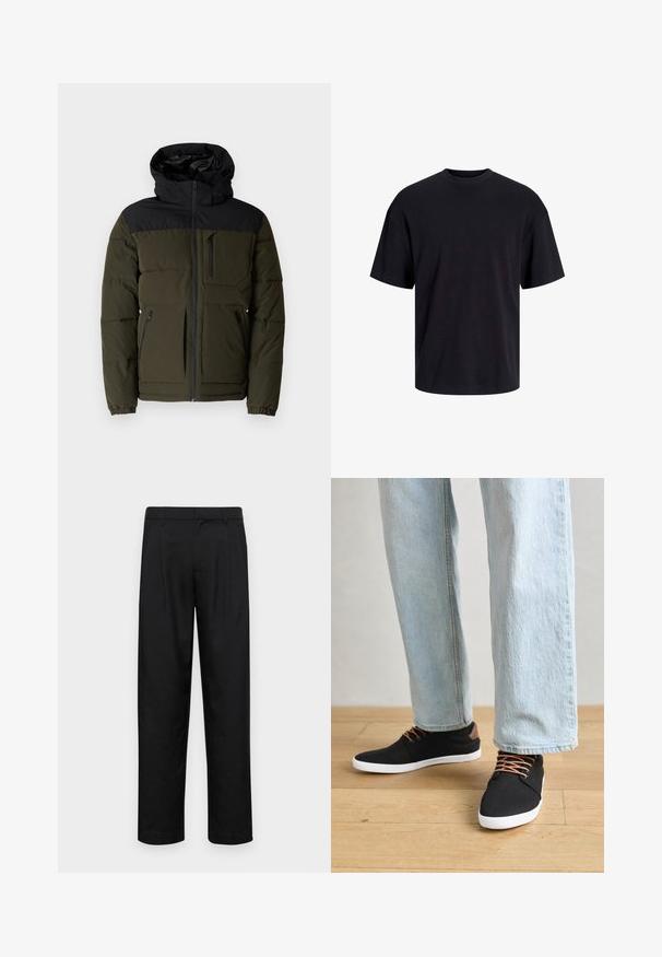 Chaleco de plumas en verde oliva con capucha y hombros negros. Cuenta con una cremallera frontal, bolsillos laterales y un bolsillo en el pecho con solapa.; Camiseta de algodón negra con cuello redondo, mangas cortas y un ajuste relajado. Textura suave y sin patrones ni acentos visibles.; Pantalones negros de tela suave, con un diseño de pierna recta, dos pliegues frontales y una cintura estándar con trabillas para el cinturón.; Zapatillas de lona negras con detalles marrones, suelas de goma blanca y cordones marrones, combinadas con jeans rectos de color azul claro. Fondo de suelo de madera.