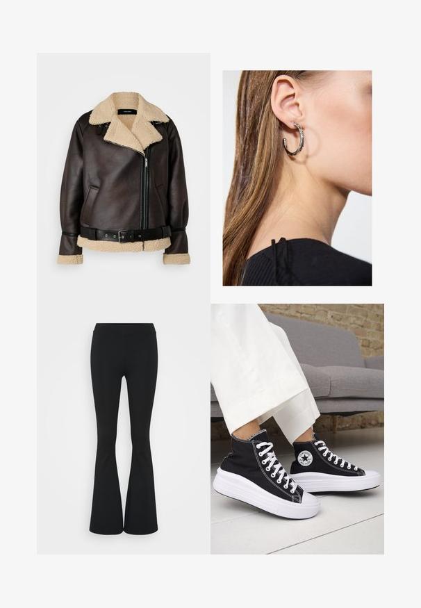 Vero Moda Tall VMJOANNA JACKET - Mākslīgās ādas jaka - chocolate torte/silver mink; Melna blūze, kas izgatavota no mīksta auduma, ar augstu volānu apkakli, atslēgas atvērumu priekšā un garām pūkainām piedurknēm ar pieguļošām aprocēm.; Melnas izplešanās bikses, izgatavotas no elastīga auduma, ar augstu vidukli un gludu tekstūru. Bikses izvēršas no ceļa.; Melnas augstās topa kedas ar baltām gumijas zolēm un auklām. Tās ir ar apaļu logotipa uzšuvumu un kontrastējošām baltām šuvēm. Materiāls no kanvas.; Sudraba auskars ar pulētu apdari, ar maziem zelta akcentiem un apaļu formu, uz ausu ļipiņas.