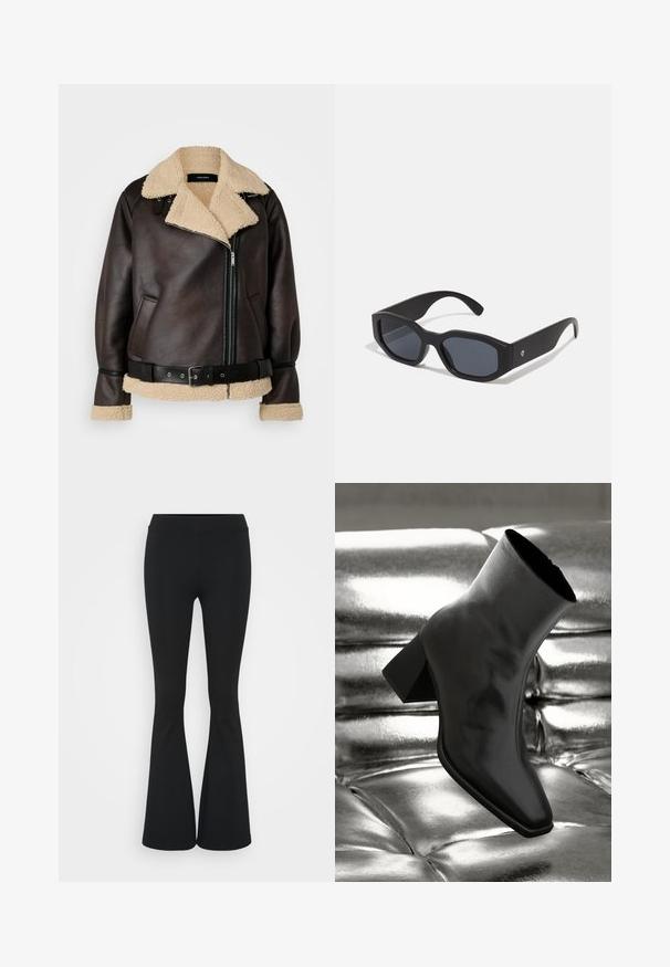 Vero Moda Tall VMJOANNA brązowy; Trzy dopasowane koszulki w kolorze białym, szarym i czarnym. Każda z nich ma szeroki dekolt w serek i krótkie rękawy. Wykonana z gładkiego, elastycznego materiału.; Czarne spódnice dzwonowe wykonane z elastycznego materiału, z wysokim stanem i gładką fakturą. Spodnie rozszerzają się od kolana.; Czarne botki za kostkę wykonane z błyszczącego materiału, z kwadratowym noskiem i zwężającym się obcasem, na tle błyszczącego srebrnego tapicerowanego tła.; Czarne okulary przeciwsłoneczne z prostokątnymi oprawkami, matowym wykończeniem, ciemnymi soczewkami i lekko wygiętymi zausznikami. Dyskretny akcent logo na jednym zauszniku.; Srebrne kolczyki koła o gładkiej, błyszczącej powierzchni, z zakrzywionym kształtem i zapięciem na sztyft. Minimalistyczny design z nowoczesnym wykończeniem.