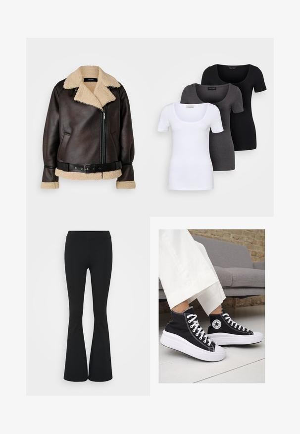 Vero Moda Tall VMJOANNA JACKET - Dirbtinės odos striukė - chocolate torte/silver mink; Trys priderinti marškiniai: balti, pilki ir juodi. Kiekvienas turi plačią apvalią iškirptę ir trumpas rankoves. Pagaminti iš lygaus, tamprių audinio.; Juodai platėjantys kelnių, pagamintų iš tamprių medžiagų, kurie turi aukštą juosmenį ir lygią tekstūrą. Kelnės platėja nuo kelio.; Juodi kanvasiniai aukšti sportbačiai su baltais guminiais padu ir raišteliais. Šonuose yra apskritas logotipas ir ryški balta siūlė.
