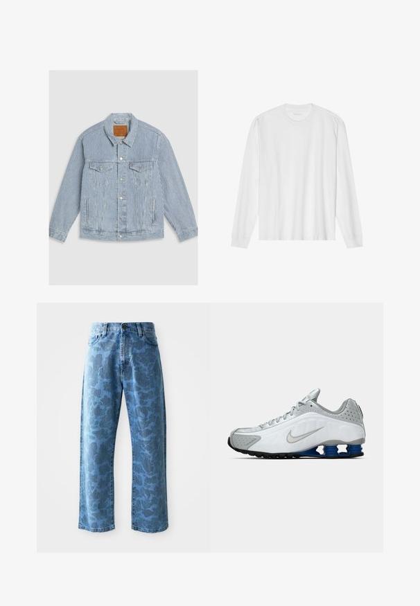 Stripete denimjakke i lys blå og hvit. Har knappestolpe foran, to brystlommer og en klassisk krage. Teksturert stoff med sømdetaljer.; Langarmet hvit t-skjorte i bomull med rund hals og ribbestrikkede mansjetter. Enkelt, uornamentert design med glatt tekstur og standard passform.; Lyseblå denimjeans med et subtilt tonalt blomstermønster, vid benløsning, femlomme-design og knappestang i livet.; Hvit og grå Nike løpesko med sølv swoosh, blå fjær-lignende såle enheter, og svart grep på en enkel bakgrunn.