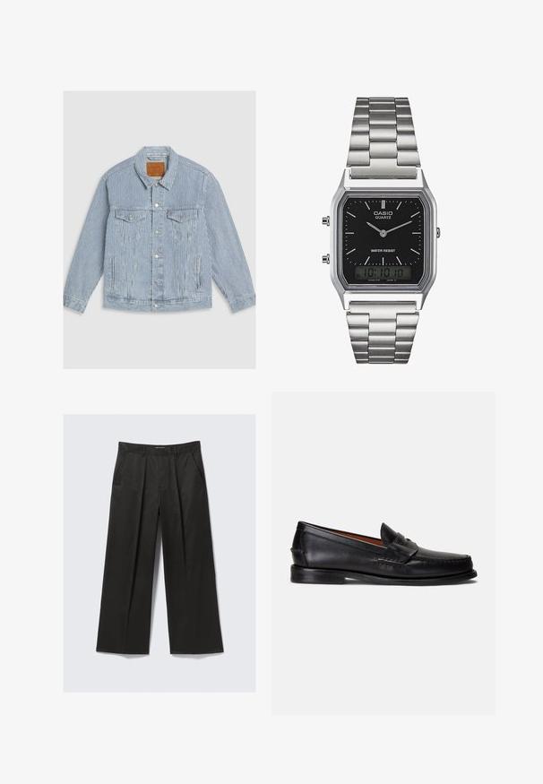 Prugasta jeans jakna v svetlo modri in beli barvi. Ima gumbasto zapiranje, dva žepa na prsih in klasičen ovratnik. Teksturovana tkanina z detajli šivanja.; Polo majica z dolgimi rokavi v temno modri barvi, izdelana iz rebraste tkanine. Ima okroglo izrezano ovratnik in tri gumbe na zapenjanju. Manšete so prilegajoče.; Črne široke hlače z gladko teksturo, ki imajo dva sprednja žepa in malo dvignjen pas.; Črni usnjeni loaferji z gladkim zaključkom, zaobljenim koničkom in okrasnim trakom čez zgornji del. Imajo nizko črno podplato.; Srebrna quartz ura iz nerjavečega jekla z črnim pravokotnim številcem, ki ima analogne kazalce, digitalni prikaz in oznako za vodoodpornost.