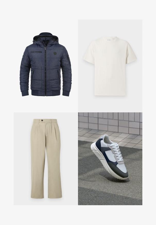 Jachetă matlasată bleumarin cu fermoar frontal, glugă reglabilă și manșete cu dungi. Dispune de mai multe buzunare cu fermoar și material texturat.; Tricou alb cu maneci scurte, dintr-un material ribbed. Guler rotund, croi lejer, fără modele sau accente vizibile. Design simplu și versatil.; Pantaloni bej cu o croială lejeră, cu pliuri, închidere cu nasture, buzunare laterale și picioare drepte. Textură de țesătură netedă.; Tenisi albi, bleumarin și gri, cu un design din materiale mixte, având un superior texturat, șireturi plate și o talpă căptușită.