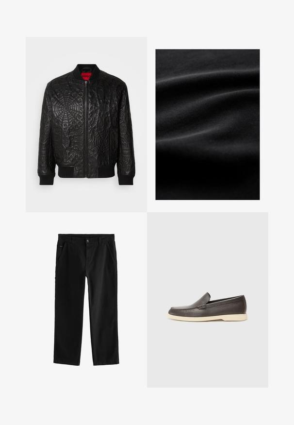 HUGO LUFTER - Bomberjacka - black; Svart tyg med en slät, lätt glansig yta, med subtila veck och rynkor som framhäver dess mjuka och flexibla kvalitet.; Svarta bomullsbukser med en rak bendesign, med en framknap stängning, snedställda sidofickor och subtila sömnadsdetaljer.; Bruna läder slip-on skor med en strukturerad yta och en kontrasterande ljusbeige sula, med en rundad tå och minimal stickningsdetaljer.
