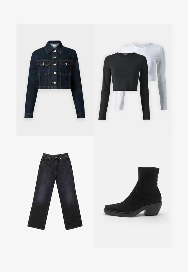 Skraćena traper jakna tamnoplave boje s klasičnom kragnom, dugim rukavima, kopčanjem sprijeda na gumbe i dva džepa na prsima. Kontrastni šavovi dodaju detalj.; Dva majice s dugim rukavima, jedna crna i jedna bijela, izrađene od mekog pamučnog materijala, s okruglim izrezima i skraćenim dizajnom.; Crne traperice visokog struka s širokim nogavicama, dizajn s pet džepova i vidljivim šavovima. Tkanina ima glatku, blago teksturiranu završnu obradu.; Crne antilop čizme do gležnja sa kvadratnim vrhom, niskom blok petom i glatkom teksturom. Imaju uski gornji deo i minimalne detalje šivanja.