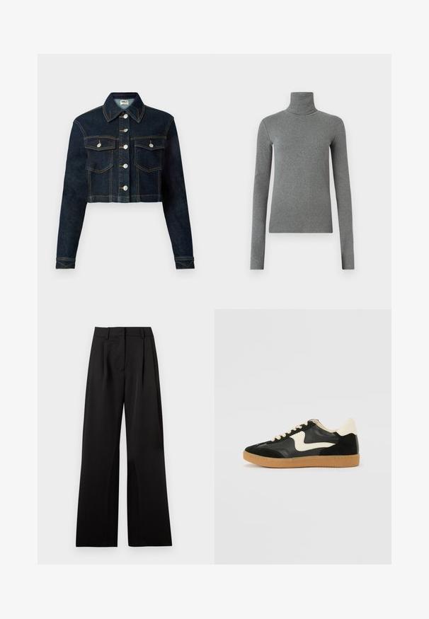 Sötétkék, cropped farmerdzseki klasszikus gallérral, hosszú ujjakkal, gombos elülső részel és két mellzsebbel. A kontrasztos varrás részletességet ad.; Szürke, sima, rugalmas anyagból készült garbós póló. Hosszú ujjú, testhez simuló kialakítás, minimális textúrával, látható minták vagy fém alkatrészek nélkül.; Fekete, széles szárú nadrág, sima textúrával, elülső redőkkel, lapos derékkal és övhurkokkal. Egyszerű, szabott kialakítás.; Fekete velúr és bőr sneaker, krém színű oldalsó swoosh-sal és világos krém színű sarokkal. Beigézett fűzőkkel és gumi talppal rendelkezik.