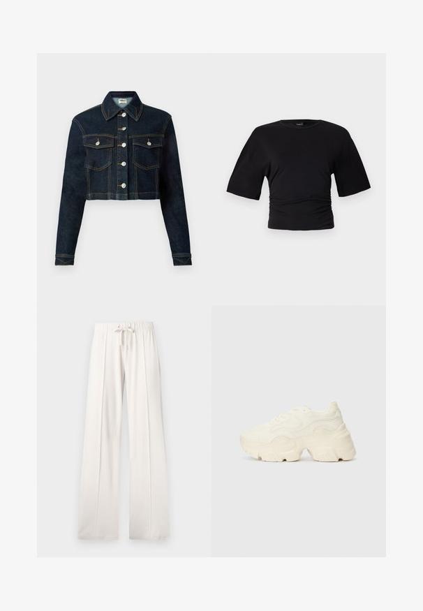 Tumši zilas krāsas cropped džinsa jaka ar klasisku apkakli, garām piedurknēm, pogu aizdari un divām krūtīm kabatām. Kontrastējoša dūriena uzšuvumi piešķir papildu detaļas.; Gina Tricot SOFT TOUCH RUCHED TEE - Pamata T-krekls - black; Gai krēmo krāsas sporta bikses, kas izgatavotas no mīksta auduma, ar auklu jostu, platām kājām un vertikālajām šuvēm, ar gludu tekstūru.; Masīvi balti sportisti, kas izgatavoti no strukturēta sieta un sintētiskajiem materiāliem, ar biezu zoli un sarežģītām rakstu detaļām gar sāniem.