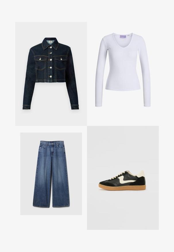 Tumši zilas krāsas cropped džinsa jaka ar klasisku apkakli, garām piedurknēm, pogu aizdari un divām krūtīm kabatām. Kontrastējoša dūriena uzšuvumi piešķir papildu detaļas.; Balta garenā piedurkņu blūze ar ribota tekstūra un V veida kakla izgriezumu. Kakla iekšpusē redzams zīmola nosaukums "JJXX".; Platām kājām zila denima bikses ar izbalējušu apdari, ar pogu un rāvējslēdzēju, pieciem kabatām un jostu cilpām.; Melna zamšāda un ādas sporta apavi ar krēmkrāsas sānu svītru un gaiši krēmkrāsas papēdi. Ar beigu krāsas auklām un gumijas zole.