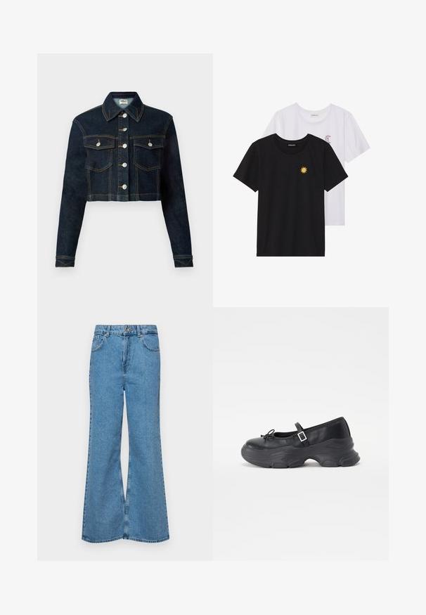 Kratka traper jakna v temno modri barvi s klasičnim ovratnikom, dolgimi rokavi, sprednjim gumbom in dvema žepoma na prsih. Kontrastni šivi dodajo podrobnosti.; Črne in bele majice, okrogli vrat, kratki rokavi. Črna majica ima richelieu vezenje sonca v rumeni barvi; bela ima vijolični naglavni mesec.; Svetlo modri razširjeni džins hlače iz denima, z visokim pasom, petimi žepi in enim gumbom za zapiranje. Mehka tekstura z blagim zbledelim videzom.; Črne usnjene Mary Jane čevlje z zaobljenim nosom, podrobnostjo v obliki pentlje in nastavljivim gležnjenjskim trakom. Imajo masiven gumijast podplat s konkavnimi detajli.