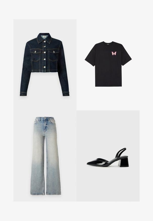 Beskurad denimjacka i mörkblått med klassisk krage, långa ärmar, knappknäppning fram och två bröstfickor. Kontraststickning ger en detaljerad look.; Svart bomullströja med korta ärmar, med en liten rosa fjärilsgrafik på vänster bröst. Rundad halsdesign med en avslappnad passform.; Ljusblå vida jeans gjorda av denim, med hög midja, fem fickor och synlig sömnad längs sömmarna.; Svarta lackläder slingback klackar med spetsig tå och geometrisk klack. Har en elegant, minimalistisk design och slät yta.