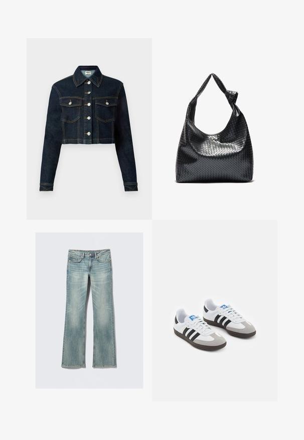 Korte denimjakke i mørk blå med klassisk krage, lange ermer, knappestolpe og to brystlommer. Kontraststikking gir detalj.; Hvit tanktopp med tynne svarte stropper som har en stor svart "I" og "NY" tekst, og et rødt hjertegrafikk mellom dem.; Lys blå denimjeans med lett falming, fem lommer, glidelås, og rette ben på hvit bakgrunn.; Sportssko med en hvit skinnoverdel, grå semsket tå og tre svarte striper. Har en blå logo på tungen og en teksturert gummisåle.; Svart vevd skinnveske med en slapp design, som har et knyttet stropp og en liten dekorativ gullnagle på toppen.