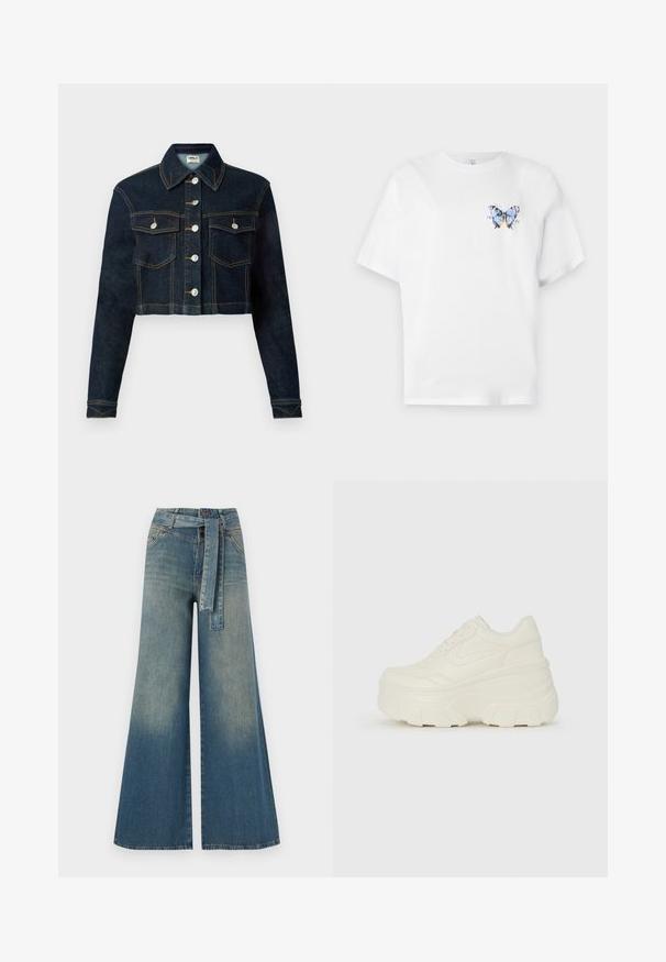 Beskurad denimjacka i mörkblått med klassisk krage, långa ärmar, knappknäppning fram och två bröstfickor. Kontraststickning ger en detaljerad look.; Vit bomulls t-shirt med en färgglad fjärilsdesign på vänster bröst. Kortärmad och med en avslappnad passform.; Breda denimbyxor med en ljus till mörkblå gradient, hög midja, bälteshällor och ett matchande tygbälte. Texturerad denimfinish.; Vita plattformssneakers med en slät läderliknande överdel, rundad form, vadderad krage och texturerad gummisula med definierade mönster.