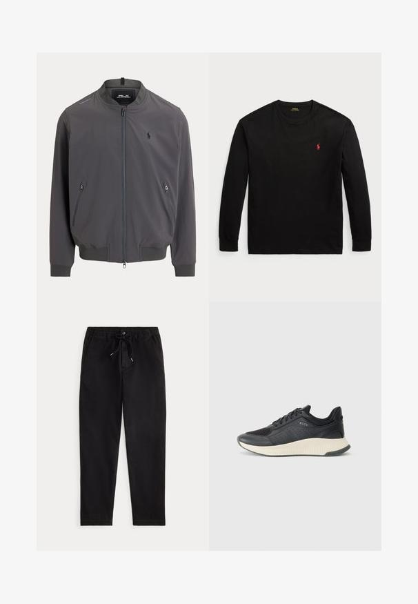 Meeste bomberjakk, tumehall, kerge kangas, ees tõmblukk, kaks tõmblukuga küljetaskut, soonikkoes mansetid ja ääred, väike logo rinnal.; Must t-särk, millel on pikad varrukad ja mis on valmistatud puuvillast. Omab ümarat kaelaäärt, soonikku üles keeratud varrukaotsi ja väikest punast tikandiga logo rinnal. Sile tekstuur.; Mustad mustad püksid elastse vöökoha, stringi sõlme, ees oleva nupuga ja küljetaskutega, esitatud ühetoonilise tausta peal.; Mustmustel must ja perforatsioonidega võrgust pehme pealispind, kreemiline tekstureeritud vahevööt ning kummist välistald, mis pakub haarduvust.