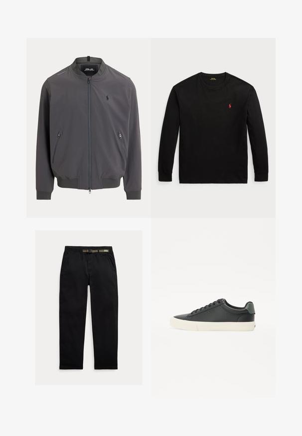 Herrarnas bomberjacka, mörkgrå, lätt tyg, framdragkedja, två sidofickor med dragkedja, ribbade muddar och fåll, liten logga på bröstet.; Svart långärmad t-shirt i bomull. Har en crew-neck, ribbade ärmslut och en liten röd broderad logotyp på bröstet. Slät yta.; Svarta byxor tillverkade av lättviktigt tyg, med en elastisk midja och ett integrerat grönt bälte, rakt ben och sidofickor.; Svarta lädersneakers med en texturerad yta, vit gummisula, rund tå och grönt inslag vid hälen. Design med snörning genom sex öglor.
