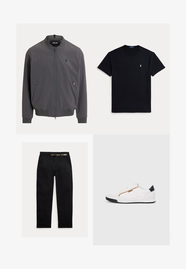 Men's bomber jacket, dark gray, lightweight fabric, front zipper, two zippered side pockets, ribbed cuffs and hem, small logo on chest.; Black cotton t-shirt featuring a crew neckline, short sleeves, and a small embroidered logo on the left chest. Smooth texture.; Black pants made of lightweight fabric, featuring an elastic waistband with an integrated green belt, straight-leg cut, and side pockets.; White athletic shoes with mesh and leather accents. Features a gold "BOSS" logo, textured side panels, and a black heel cap. Rubber sole.