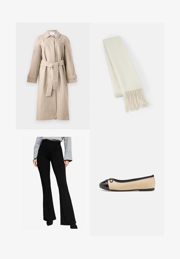 Beige trench coat gallérral, gombos záródású, deréknál övvel, hosszú ujjak cuff részletezéssel. Simaságával minimalista textúrával rendelkezik.; Világos krémszínű pulóver hosszú ujjakkal, kerek nyakkivágással és bordás aljjal. Puha anyagból készült, sima textúrával.; Fekete, bővülő szárú nadrág rugalmas anyagból, magas derékkal és elülső varrás részletekkel, szürke, hosszú ujjú felsővel párosítva.; Bézs bőr ballet cipők, fényes fekete patent bőr orrborítással. Az elülső részen egy kis masni díszítéssel. Lapos talp.; Fehér gyapjú sál, téglalap alakú, sima textúrájú, rojtos végződésekkel a varázs érdekében.