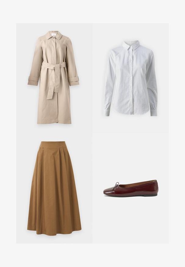 Beige trenchcoat med krave, knaplukning, bæltestrop i taljen og lange ærmer med manchet-detaljer. Glat stof med minimal tekstur.; Hvid skjorte med knapper lavet af glat bomuld, der har en klassisk krave, lange ærmer og en buet kant. Knapperne er små og hvide.; Brun bomulds A-linjeet nederdel med høj talje, præget af læg foran og en glat tekstur. Endeafslutningerne er enkle og rene.; Bordeaux patentlæder balletflad med rund tå, lille sløjfeaccent foran og en lav, sort gummisål. Glat tekstur.