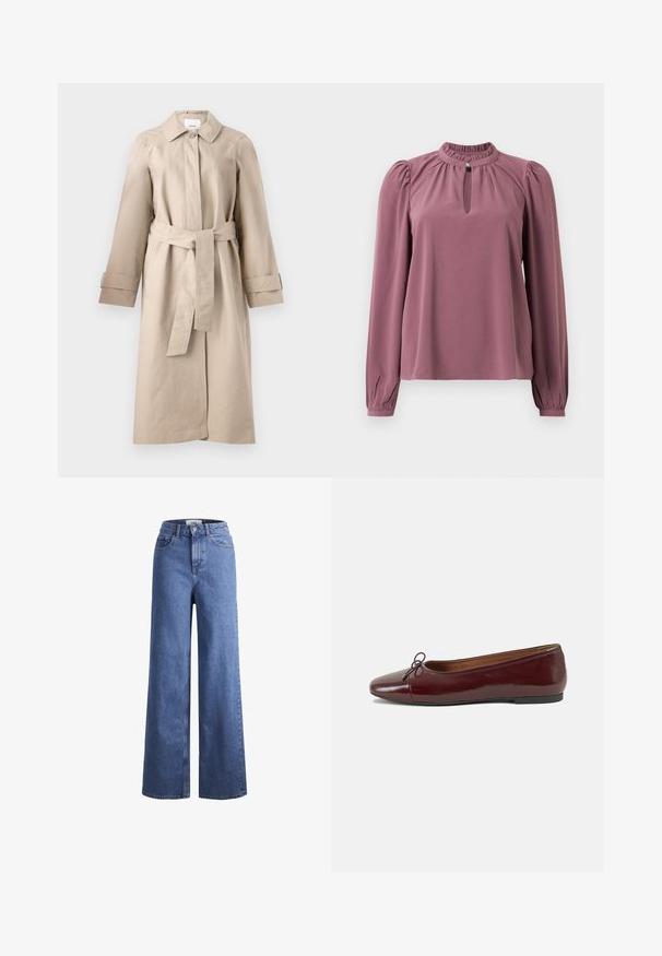Cappotto beige con colletto, chiusura a bottoni, vita con cintura e maniche lunghe con dettagli ai polsini. Tessuto liscio con texture minima.; Blusa a maniche lunghe in malva con colletto arricciato, scollatura a chiave con chiusura a bottone e spalle leggermente gonfie.; Jeans ampia in denim azzurro chiaro con vita alta, due tasche anteriori e cuciture in vista. Presentano una chiusura con bottone e zip.; Ballerine in pelle verniciata bordeaux con punta arrotondata, piccolo fiocco decorativo sulla parte anteriore e suola bassa in gomma nera. Texture liscia.