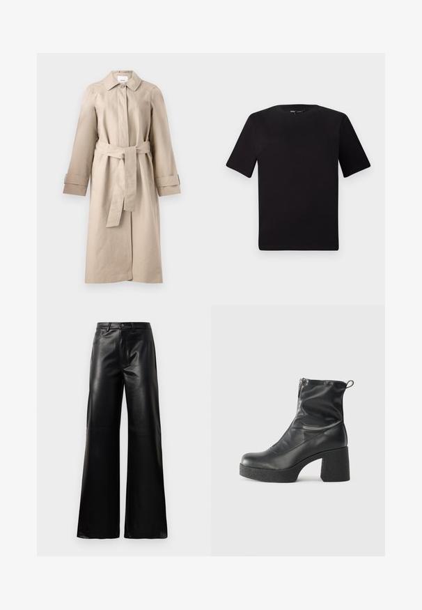 Beige Trenchcoat mit Kragen, Knopfschluss, tailliertem Gürtel und langen Ärmeln mit Bündchendetails. Glattes Material mit minimaler Textur.; Schwarzes T-Shirt mit kurzen Ärmeln und Rundhalsausschnitt, aus weichem Baumwollmaterial gefertigt. Schlichtes Design, keine sichtbaren Logos oder Muster.; Schwarze leichte, weit geschnittene, hochtaillierte Kunstlederhose mit vorderem Knopf, Reißverschluss, Gürtelschlaufen und Seitentaschen auf weißem Hintergrund.; Schwarze Stiefeletten aus glattem Leder mit seitlichem Reißverschluss, klobigem strukturiertem Absatz und runder Zehenform.