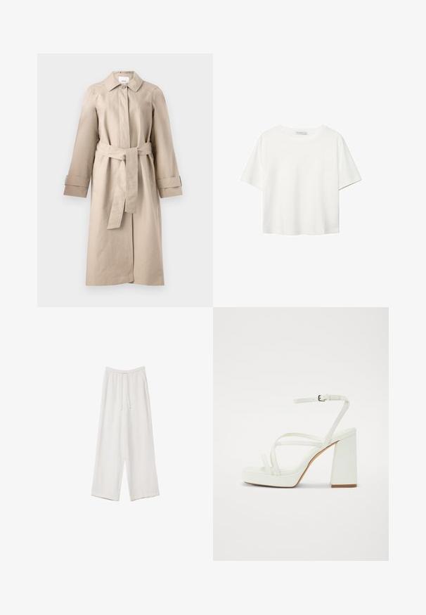 Beige Trenchcoat mit Kragen, Knopfschluss, tailliertem Gürtel und langen Ärmeln mit Bündchendetails. Glattes Material mit minimaler Textur.; Weißes T-Shirt mit kurzen Ärmeln aus Baumwolle. Hat einen Rundhalsausschnitt und eine lockere Passform. Glatte Textur ohne sichtbare Muster oder Akzente.; Weiße weit geschnittene Hose aus leichtem Stoff. Mit einem elastischen Bund und Kordelzug sowie Seitentaschen. Glatte Textur.; Weiße Plattform-Sandalen mit dickem Blockabsatz, ausgestattet mit mehreren dünnen Riemen und einem verstellbaren Knöchelriemen. Aus glattem synthetischem Material.