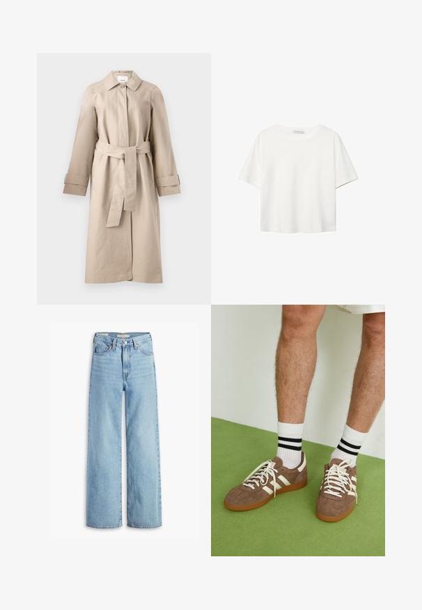 Beige Trenchcoat mit Kragen, Knopfschluss, tailliertem Gürtel und langen Ärmeln mit Bündchendetails. Glattes Material mit minimaler Textur.; Weißes T-Shirt mit kurzen Ärmeln aus Baumwolle. Hat einen Rundhalsausschnitt und eine lockere Passform. Glatte Textur ohne sichtbare Muster oder Akzente.; Hochgeschnittene, hellblaue Schlagjeans mit Frontknopf und Reißverschluss, Gürtelschlaufen und fünf Taschen.; Braune Wildleder-Sneaker mit weißen Akzenten und Schnürsenkeln. Gummisohle in Kautschuk-Optik. Getragen mit weißen Socken, die schwarze Streifen haben. Grüner strukturierter Fußboden.