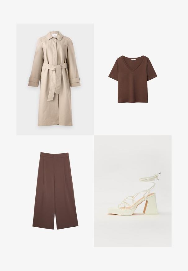 Beige trenchcoat med krave, knaplukning, bæltestrop i taljen og lange ærmer med manchet-detaljer. Glat stof med minimal tekstur.; Brun bomulds t-shirt med korte ærmer og dyb V-hals. Enkel design, blød tekstur og lige kant. Ingen mønstre eller detaljer.; Brune bredbunde bukser med en glat tekstur, der har høj talje og plisseringer foran. Stoffet er let og falder løst.; Hvide højhælede sandaler med en kraftig hæl, der har et stropdesign og ankelbinding. Glat tekstur med en platform foran for ekstra højde.