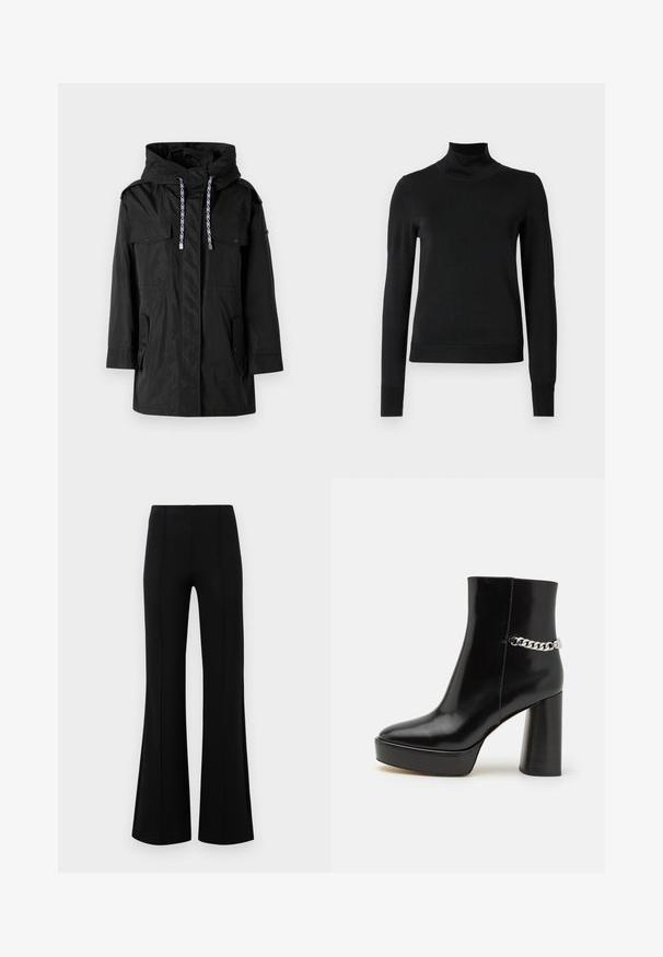Czarna wodoodporna parka z kapturem, wyposażona w dwie przednie kieszenie, regulowane sznurki i prosty krój.; Czarny sweter z długim rękawem i stojącym kołnierzem, z prążkowanymi mankietami i dołem, zaprezentowany na białym tle.; Czarne rozszerzane spodnie z wysokim stanem, wykonane z elastycznego materiału. Posiadają pionowe szwy z przodu oraz gładką teksturę.; Czarne lakierowane botki za kostkę z grubą platformą i wysokim słupkowym obcasem. Posiadają akcent w postaci srebrnego łańcucha po bokach. Gładka tekstura.