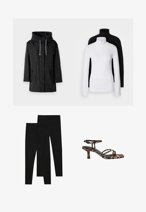 Fekete vízálló parka dzseki kapucnival, két elülső zsebbel, állítható zsinórral és egyenes szabású kialakítással.; Két hosszú ujjú garbó felső, az egyik fehér, a másik fekete, sima, rugalmas anyagból készült, mindkettő karcsú szabású és magas nyakú.; Fekete leggings rugalmas anyagból, varrat nélküli derékkal és karcsú szabással, alkalmas hétköznapi viseletre vagy edzésre.; Leopárdmintás, négyzetes orrú magassarkú szandál, több pánttal és közepes magasságú sarkával. Puha textilből készült.
