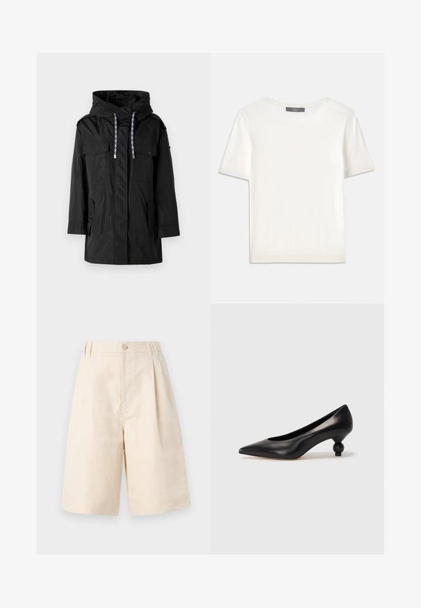 Parka imperméable noire avec capuche, dotée de deux poches avant, de cordons de serrage ajustables et d'une coupe droite.; Haut tricot blanc à manches courtes avec un col rond, présentant une texture lisse et des accents côtelés subtils aux manches et à l'ourlet.; Shorts en lin beige avec une coupe décontractée, présentant une fermeture à bouton, un design plissé et une longueur à mi-genou. Texture lisse et style simple.; Chaussure à talon haut en cuir noir avec un bout pointu et un talon arrondi. Texture lisse avec un design épuré et minimal.
