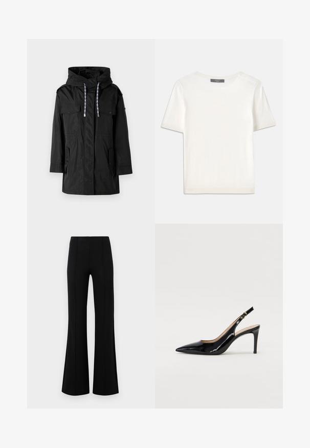 Mustaa vedenpitävää parkaa takki, jossa on huppu, kaksi etutaskua, säädettävät kiristysnauhat ja suora leikkaus.; Valkoinen lyhythihainen neulepaita, jossa on pyöreä kaula-aukko. Paidan pinnassa on sileä rakenne ja hihansuissa sekä helmassa hienostuneet ribbineulekoristeet.; Musta leveälahkeinen housu, jossa on korkea vyötärö, valmistettu joustavasta kankaasta. Etupuolella on pystysaumayksityiskohtia ja sileä pinta.; Musta lakattu nahkainen slingback-korkokenkä, jossa on terävä kärki, kapea korko ja hillitty leikkaussuunnittelu. Varressa on kultainen solki.