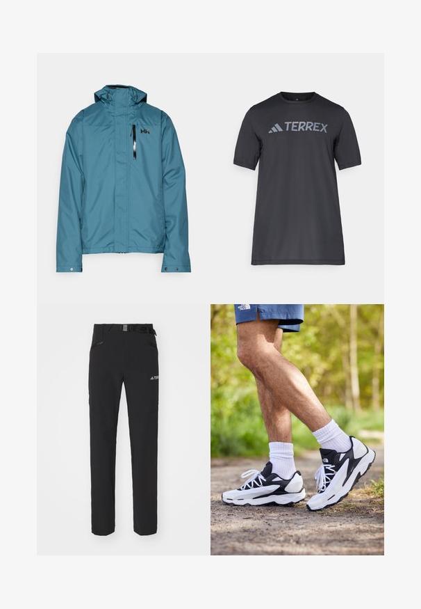 Tyrkysová voděodolná bunda s vysokým límcem, nastavitelnou kapucí a kapsou na zip na hrudi. Obsahuje jemné logo na levém horním rohu.; Černé tričko s krátkým rukávem vyrobené z lehkého materiálu, s světle šedým logem "TERREX" přes hruď a kulatým výstřihem.; Černé venkovní kalhoty s hladkým materiálem, bočními zipovými kapsami, zesílenými částmi kolen a nastavitelným pasem se sponou.; Černobílé sportovní boty s síťovaným svrškem, texturovanými akcenty a bílými tkaničkami. Nosené s bílými kotníkovými ponožkami a námořnickými šortkami na stezce.