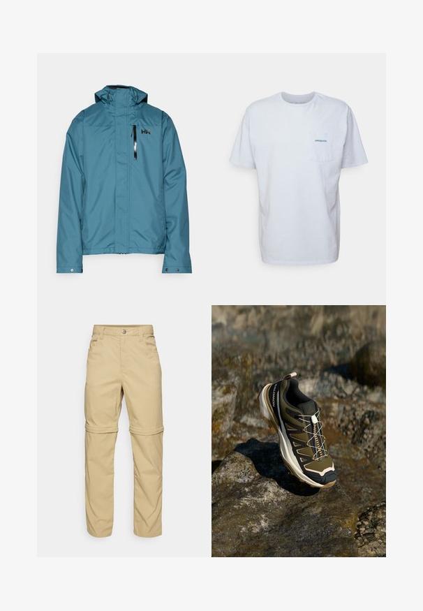 Türkisfarbene wasserdichte Jacke mit hohem Kragen, verstellbarer Kapuze und Reißverschlusstasche auf der Brust. Mit einem dezenten Logo auf der oberen linken Seite.; Weißes Baumwoll-T-Shirt mit kurzen Ärmeln, Rundhalsausschnitt und einer linken Brusttasche, die ein blaues "Patagonia"-Logo aufweist. Klassische Passform mit glatter Textur.; Beige Zip-off-Hosen mit glatter Textur, ausgestattet mit zwei Seitentaschen, einer Knopfverschluss und hochrollbaren Säumen für Vielseitigkeit.; Wanderschuh in Olivgrün und Schwarz mit pinken Akzenten. Verfügt über ein strukturiertes Obermaterial, eine flexible Sohle, eine verstärkte Zehenkappe und ein farbenfrohes Schnürsystem.