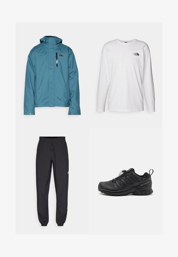 Teal waterproof jacket with a high collar, adjustable hood, and zippered chest pocket. Features a subtle logo on the upper left.; White long-sleeve T-shirt made of cotton with a crew neck. Features a small black logo on the chest. Smooth texture, regular fit.; Black athletic pants made from lightweight fabric, featuring a drawstring waistband, side pockets, and tapered cuffs at the ankles.; Black athletic shoe with a textured synthetic upper, cushioned sole, and a quick-lacing system. Features a reinforced toe and heel.